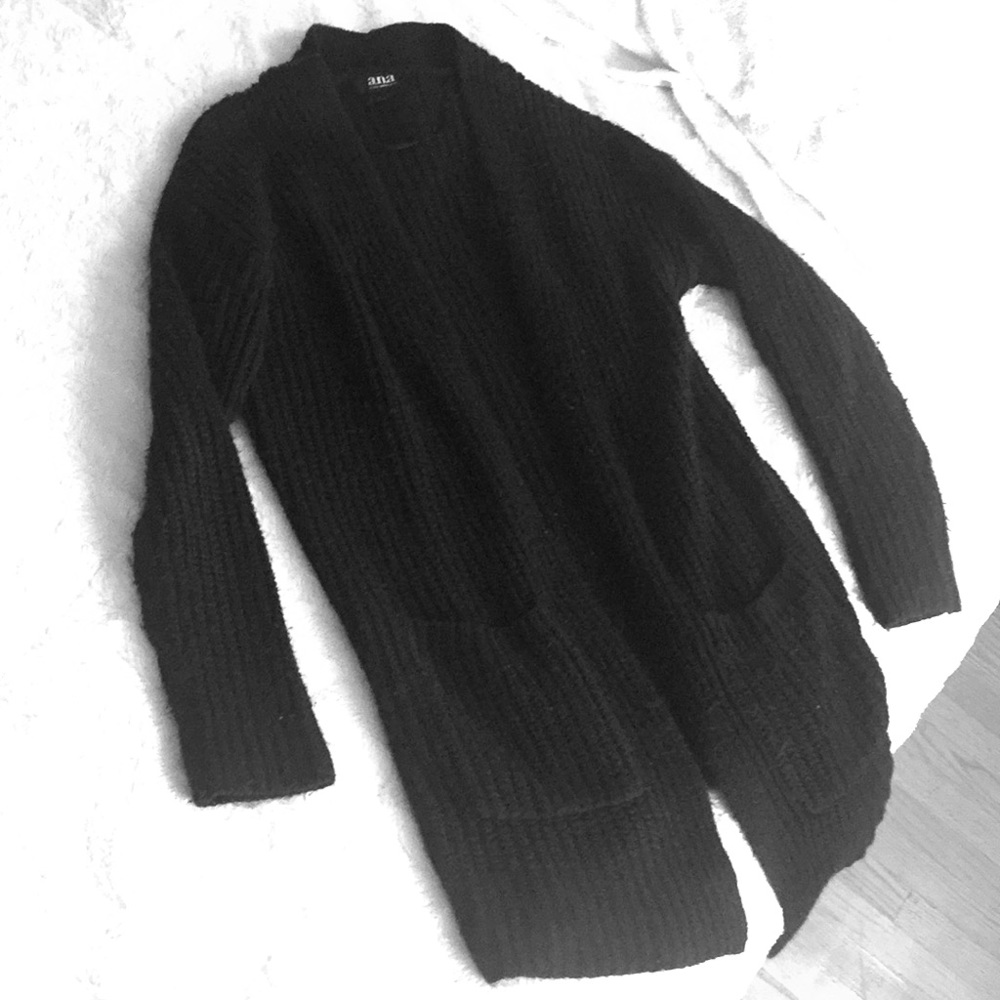 Long open front black sweater with pockets